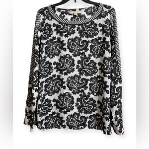 Ann Taylor LOFT Black and White Paisley Blouse Top Long Sleeve Pullover Medium